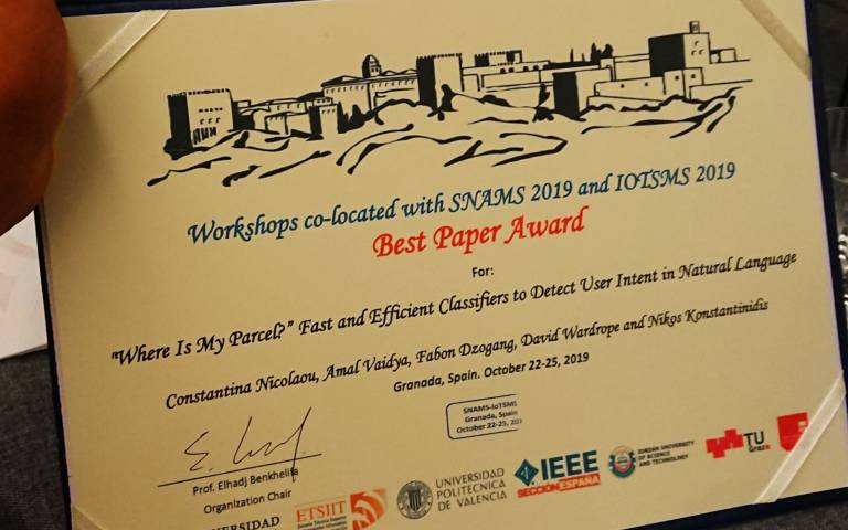 Best Paper Award - won by UCL CDT DIS team