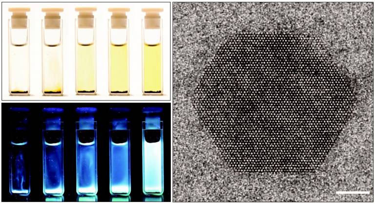 Hexagonal carbon nitride nanosheets gently dissolve into solution over time (left), producing luminescent, defect free 2d-nanosheets (right).