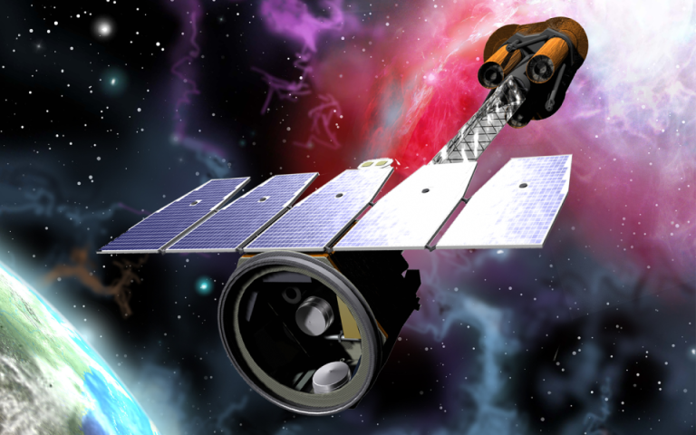 An artist’s illustration of the IXPE spacecraft in orbit