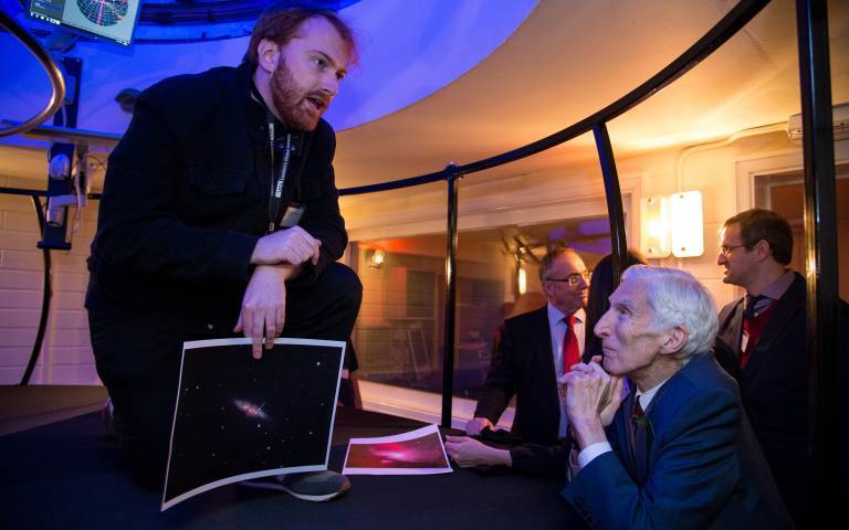 Lord Martin Rees and PhD student, Hamish Caines at UCL Observatory event