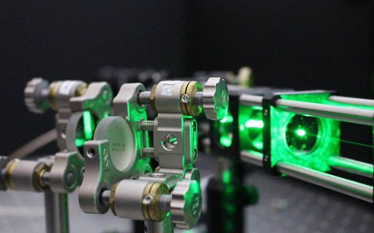 A laser beam in Professor Gavin Morley’s lab probes the quantum properties of a diamond