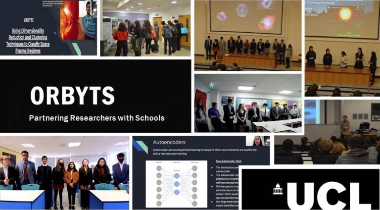 Collage of images from the ORBYTS initiative, including students giving talks and the text "ORBYTS - Partnering Researchers with Schools"
