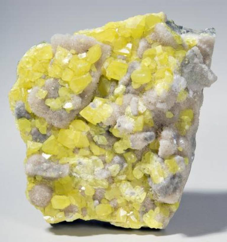 Sulphur crystals. Photo: UCL Museums & Collections - UCL Geology Collections