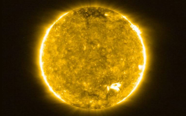 Sun’s appearance at a wavelength of 17 nanometers, which is in the extreme ultraviolet region of the electromagnetic spectrum. Images at this wavelength reveal the upper atmosphere of the Sun, the corona, with a temperature of around 1 million degrees.