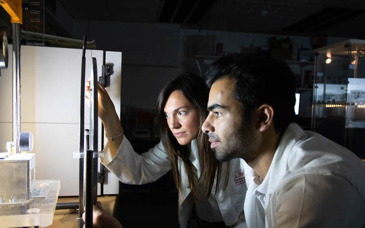 Two scientists in a lab looking into an illuminated box