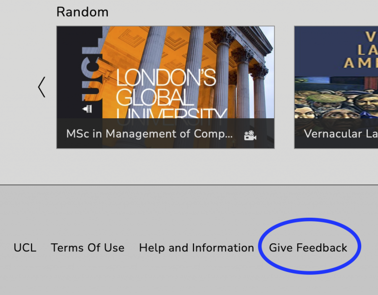 Image showing the feedback text link on the bottom of the Mediacentral landing page