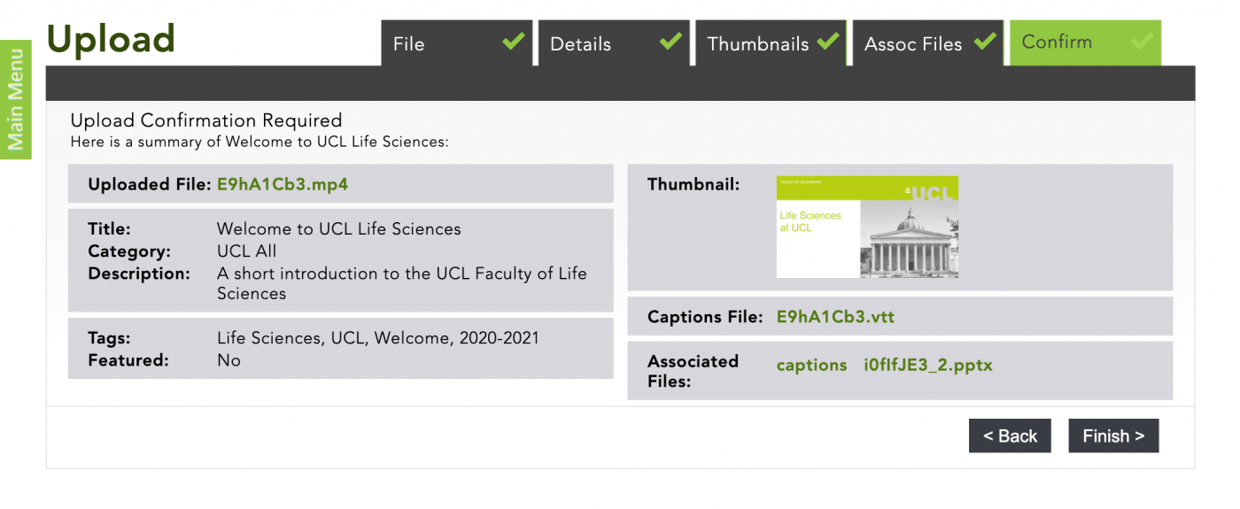 Screenshot of Confirm screen to add file to Mediacentral
