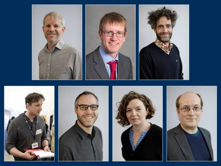 Collage of staff profile pictures on a blue background