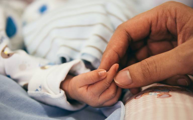 A photo of an adult holding a new born baby's hand