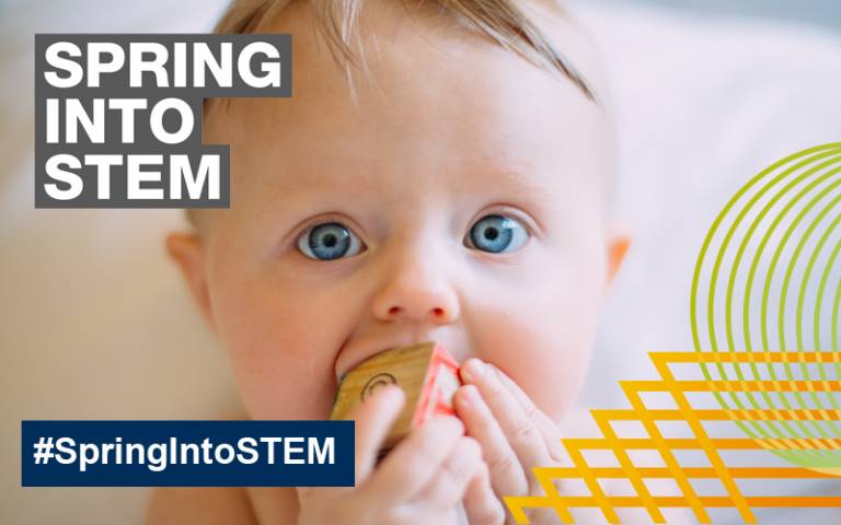 Picture of a baby's face with the Spring into STEM branding