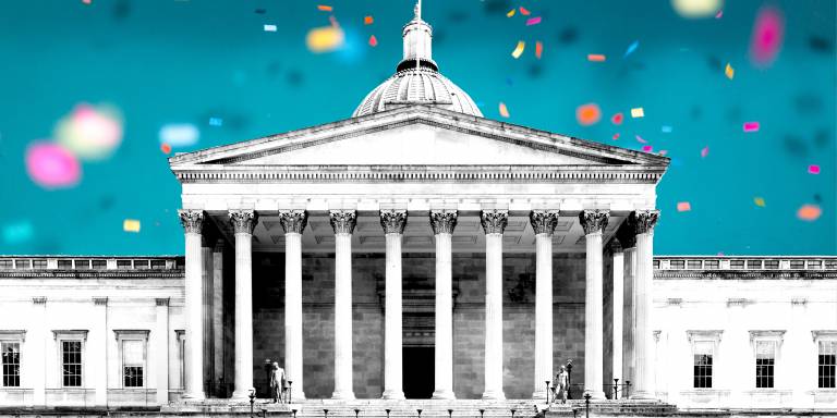 picture of the UCL Wilkins building with confetti behind it