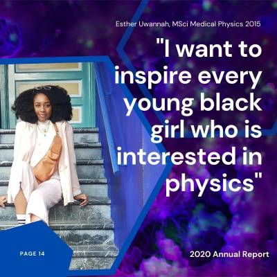Photo of Esther Uwannah with quote: "I want to inspire every young black girl who is interested in physics"