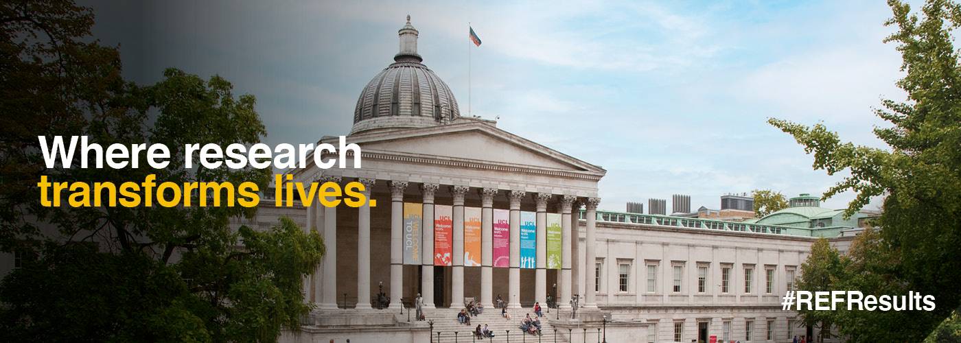 UCL Portico Building. Text overlay: Where research transforms lives