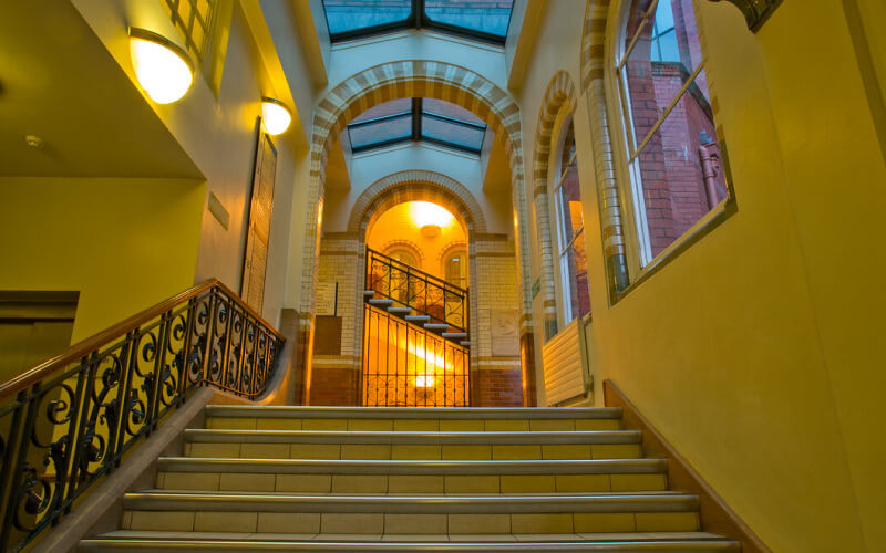 Stairs leading upwards in the foyer of the Cruciform Building