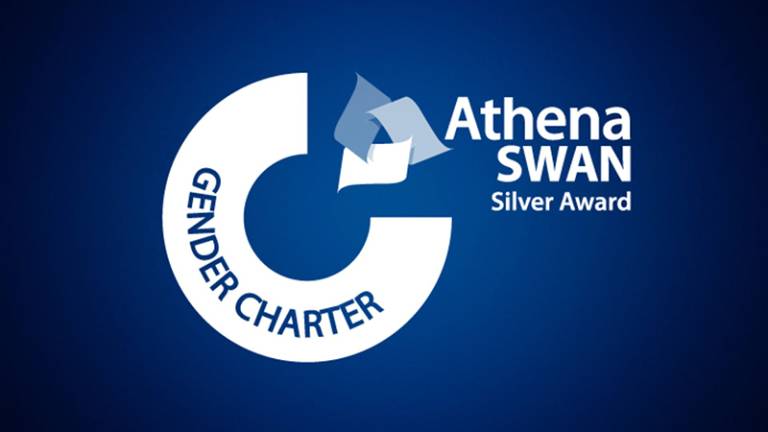 Athena Swan Silver award logo white on blue background