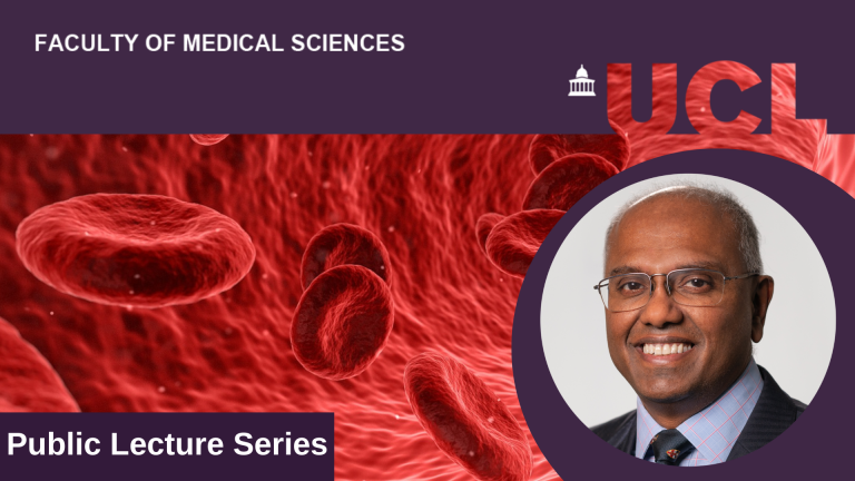 A photo of Keith Gomez accompanied by UCL branding and an image of blood cells