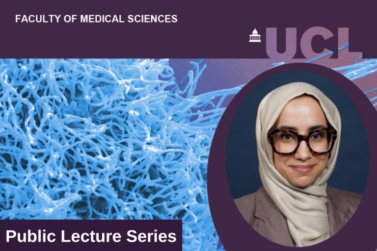 A photo of Mariam Jamal-Hanjani accompanied by an image of cancer cells