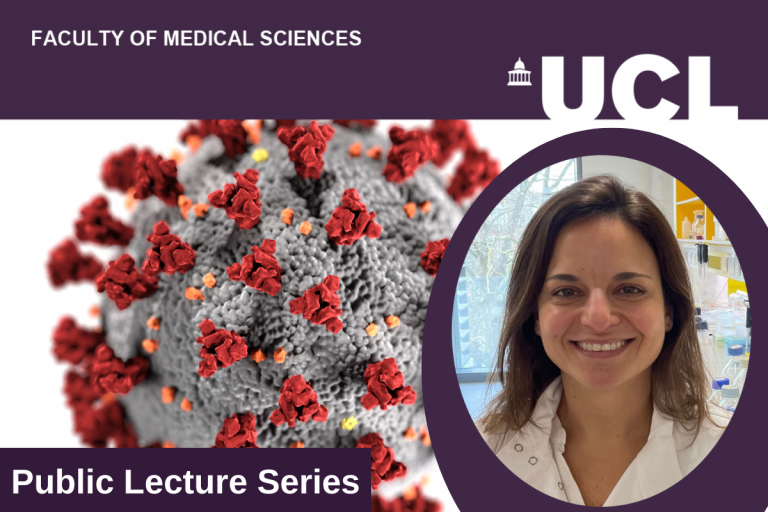 A photo of Mariana Diniz - UCL Public Lecture Series accompanied by an image of SARS-CoV-2