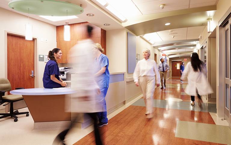 Busy hospital corridor with motion blur
