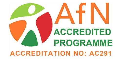 AfN accreditated programme logo from the Association for Nutrition. Number AC291