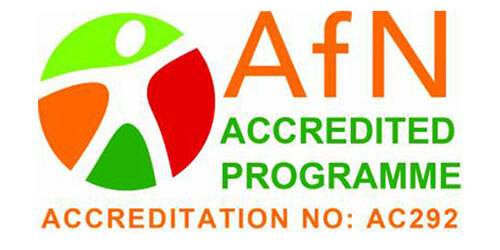 AfN accreditated programme logo from the Association for Nutrition. Number AC292