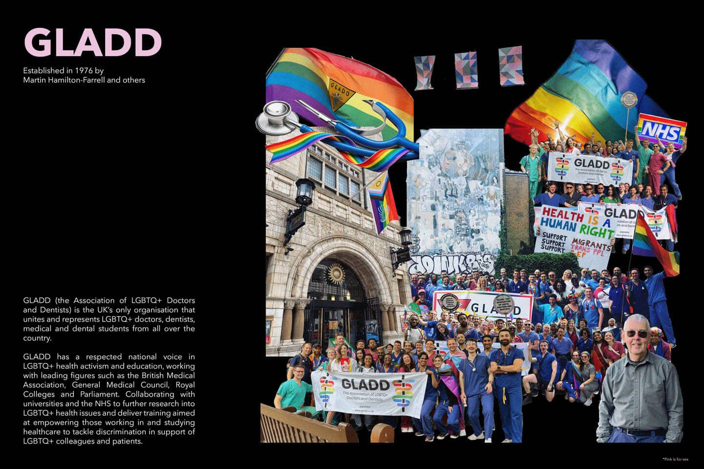 Poster celebrating GLADD (the Association of LGBTQ+ Doctors and Dentists, established 1976)