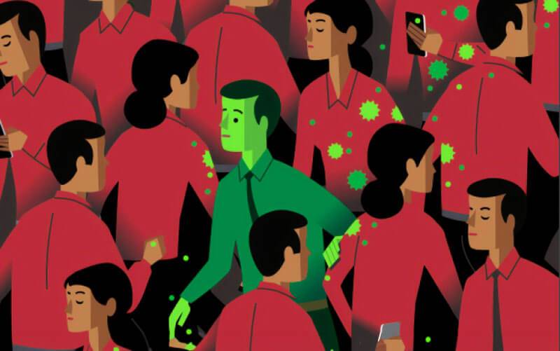 Illustration of a green figure around red figures