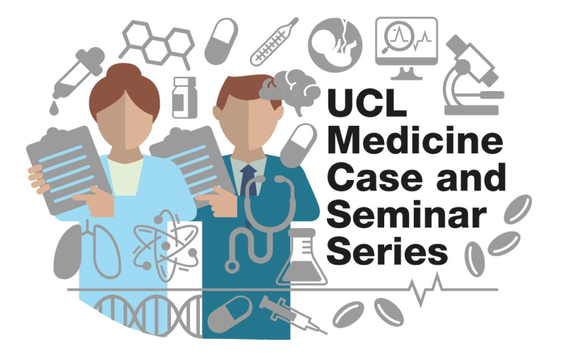 New logo for seminar series. Male and female drawings of doctors with medical symbols floating around them
