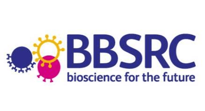 Logo for the BBSRC. Comprises of little virus symbols in blue, yellow and pink, and reads "bioscience for the future"