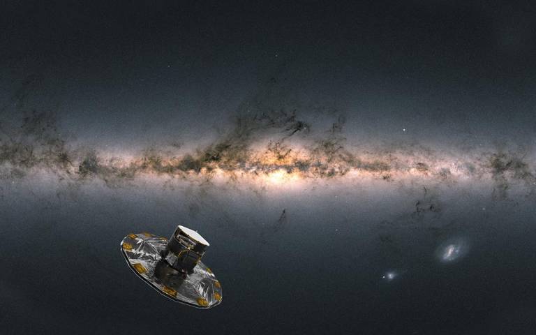 artist's impression of the Gaia satellite with Milky Way stars in the background