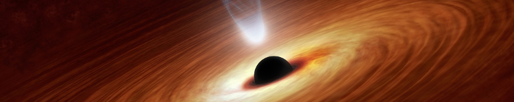 Artist impression of an accreting supermassive black hole. The central black sphere is the event horizon of the black hole. The swirl of red-white material is the accretion flow onto the black hole, increasing in temperature as it approaches the event hor