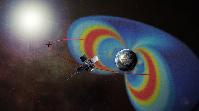NASA's Van Allen Probes flying through the radiation belts. Credit: NASA