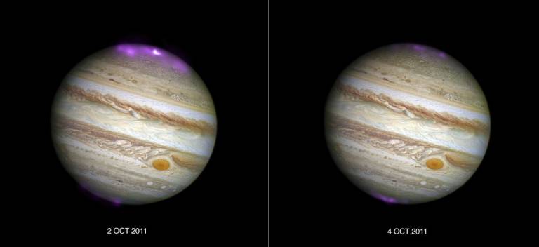 Jupiter’s X-ray emission (in magenta and white, for the brightest spot, overlaid on a Hubble Space Telescope optical image) captured by Chandra as a coronal mass ejection reaches the planet on 2 October 2011, and then after the solar wind subsides on 4 Oc