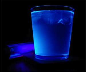 Example of fluorescence from a Gin & Tonic (courtesy of Lewis Dartnell).