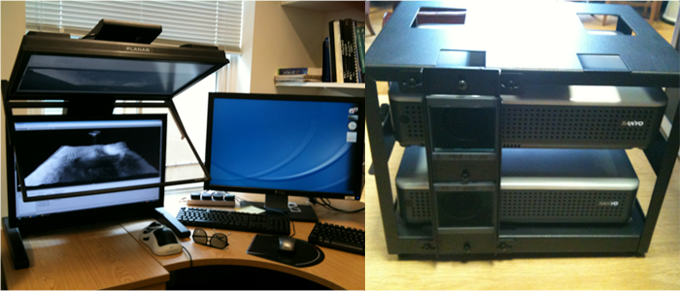3D display system at the Imaging group: High quality passive stereo display from Planar(Left) and GeoWall stereo projector for multiple viewers (Right)