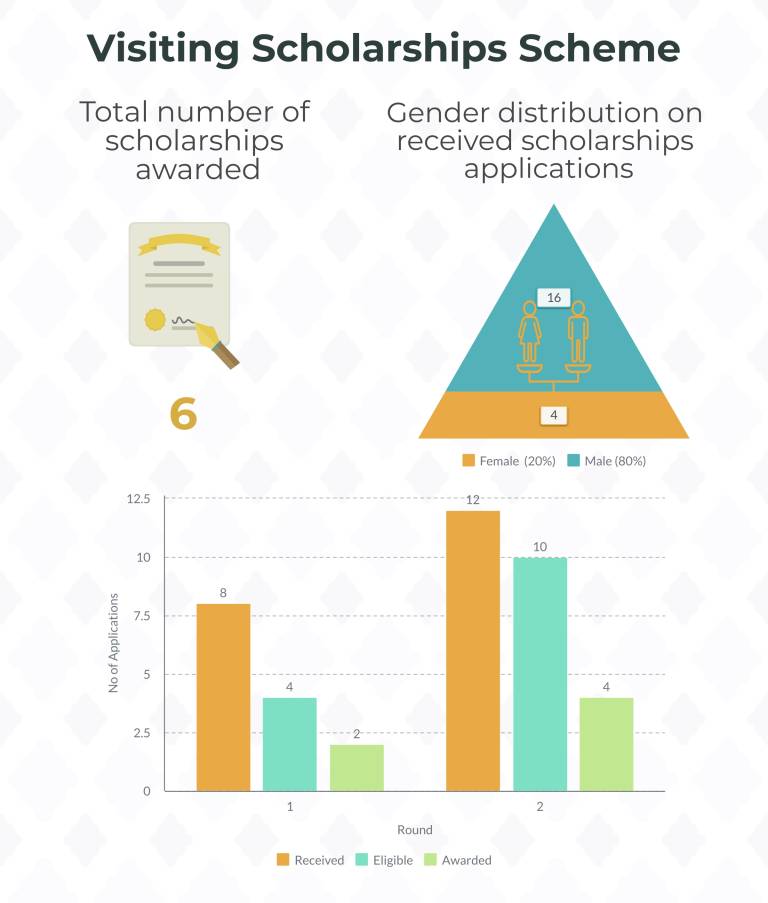 Infographic illustrating gender distribution of Visiting Scholarships applications and awarded projects