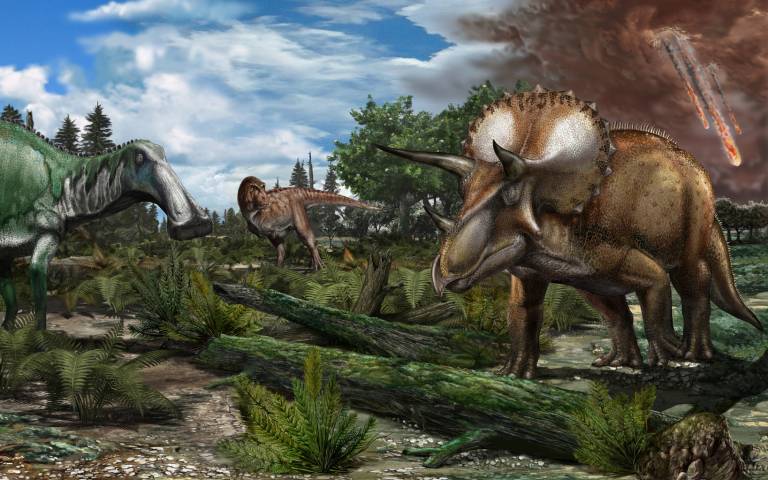 Reconstruction of a late Maastrichtian (.66 million years ago) palaeoenvironment in North America, where a floodplain is roamed by dinosaurs like Tyrannosaurus rex, Edmontosaurus and Triceratops.