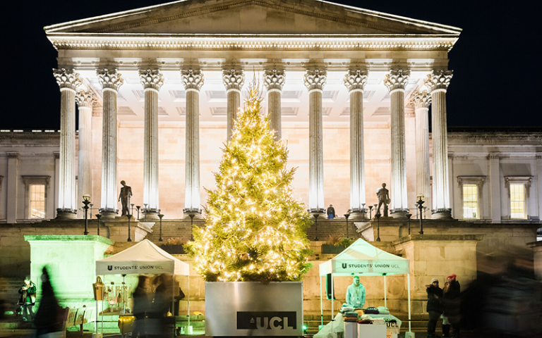 A lit Christmas tree in front of a white building