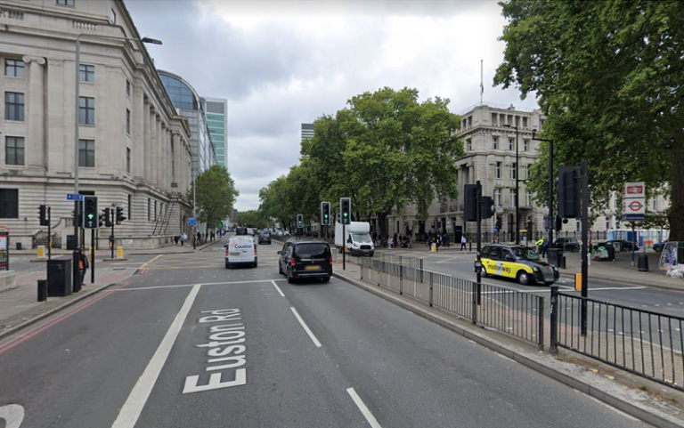 a view from the westbound lane along Euston Road