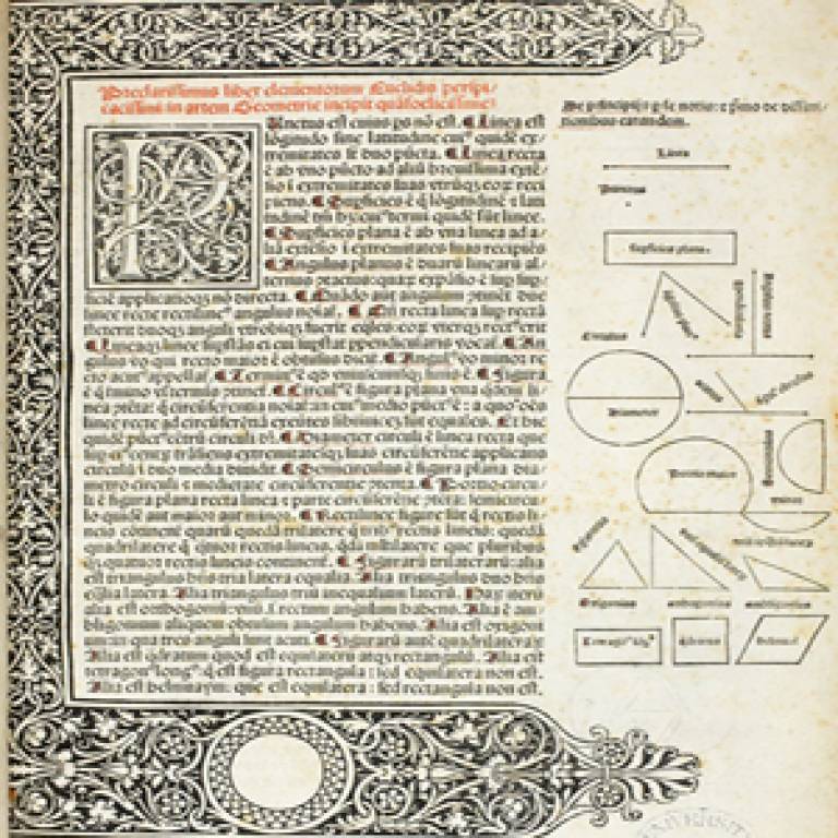 The first printed edition of Euclid, translated by Adelardus of Bath and with the commentary of Novarese.