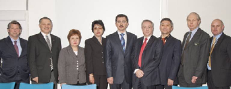 Professor Michael Worton with Mr Farkhad Kuanganov, Dr Richard Hopper and members of the Kazakh Delegation