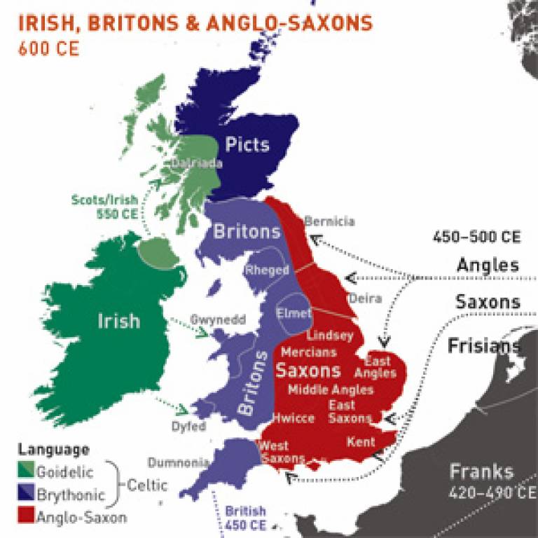 The regions of ancient British, Irish and Saxon control in the 7th Century