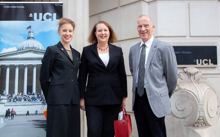Professor Eloise Scotford, Attorney General Victoria Prentis KC MP, and Dr Michael Spence, UCL President & Provost