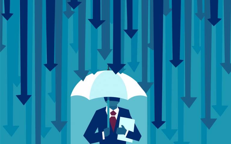 Stock illustration of a business person with umbrella resisting protecting himself from falling arrows