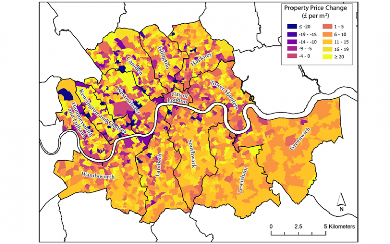an image of a map of London with ares colour coded by property price change. 