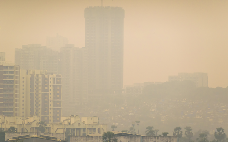 Mumbai, Maharashtra, India - October 2019: High air pollution and haze envelops the high rises in the suburb of Kandivali East.