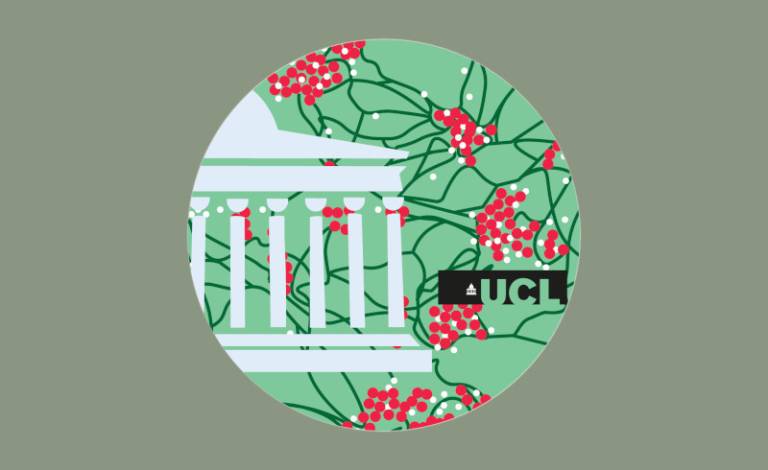 a UCL Christmas bauble with red and green neuron design and UCL branding and Portico