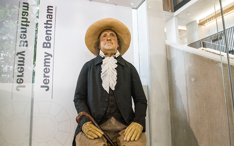 Jeremy Bentham's auto-icon in its new location in the Student Centre