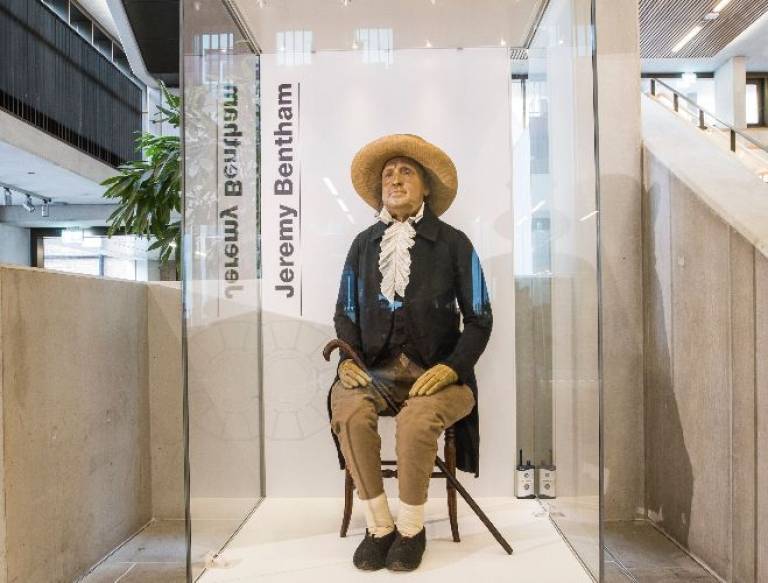 Jeremy Bentham auto icon in cabinet in UCL Student Centre