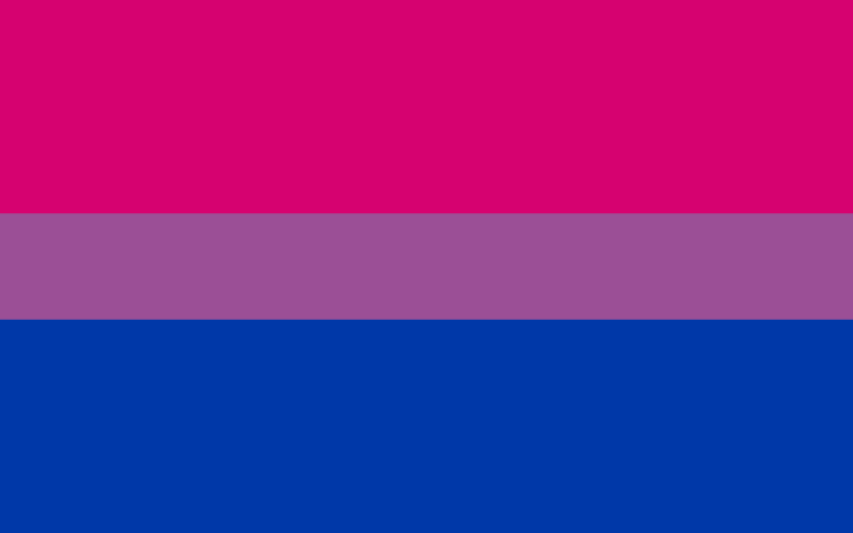 The Bisexual Pride flag, with a large pink stripe at the top and a large blue stripe at the bottom, separated by a narrower purple stripe.